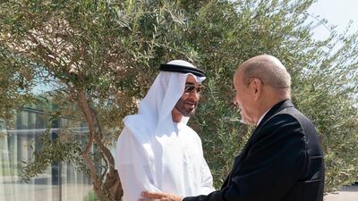 Sheikh Mohamed bin Zayed, Crown Prince of Abu Dhabi and Deputy Supreme Commander of the Armed Forces, greets Jean-Yves Le Drian, France's Minister of Europe and Foreign Affairs. Mohamed Al Hammadi / Ministry of Presidential Affairs
