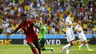 Ghana's Asamoah Gyan, left, celebrates after scoring a goal during the 2014 World Cup Group G match against Germany at the Castelao arena in Fortaleza on June 21, 2014. Marcelo Del Pozo / Reuters