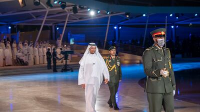 Sheikh Hamad bin Mohammed Al Sharqi, Ruler of Fujairah, at the Commemoration Day ceremony at Wahat Al Karama. Photo: Mohamed Al Hammadi / Ministry of Presidential Affairs