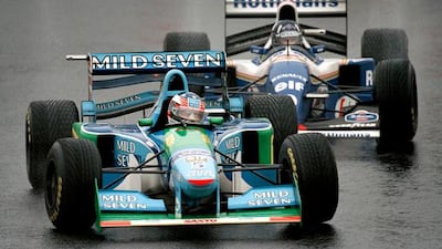 Michael Schumacher battles with Williams Renault driver Damon Hill, at the Japanese Grand Prix, in 1994 during their fight for the world title. Pascal Rondeau/Allsport