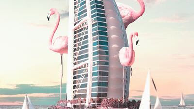 Burj Al Arab surrounded by giant flamingoes.