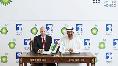 Sultan Al Jaber, right, the chief executive of Abu Dhabi National Oil Company and Minister of State and Bob Dudley, the chief executive of BP, after the deal signing on Saturday. AP Photo / Wam