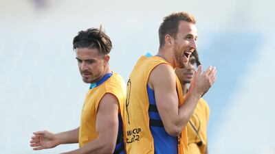 Harry Kane and Jack Grealish during an England training session on December 3 at Al Wakrah Sports Complex ahead of the World Cup Round of 16 clash with Senegal. Getty
