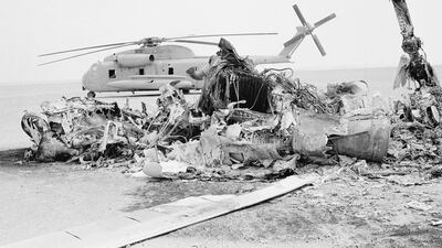 Remains of a burned-out American helicopter in the eastern desert region of Iran, in April 1980, after the failed attempt to free the US Embassy hostages. AP