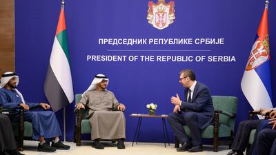 Sheikh Mohamed meets Mr Vucic. Photo: Mohamed Al Hammadi / Presidential Court