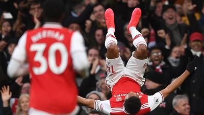 Arsenal's Pierre-Emerick Aubameyang celebrates after scoring against Everton at the Emirates Stadium on February 23, taking his Premier League tally for the season to 17. EPA