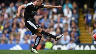 Danny Drinkwater of Leicester City scores his team’s opening goal during the Premier League match between Chelsea and Leicester City at Stamford Bridge on May 15, 2016 in London, England. (Michael Regan/Getty Images)