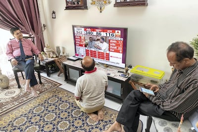 BJP supporters watch on at Ashok and Komal Ashok Bhagnari’s home in Dubai as the Indian election results come in. Antonie Robertson/The National