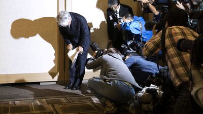 Hiroya Kawasaki, the president and chief executive of Kobe Steel, bows in contrition as he leaves a news conference in Tokyo, Japan. Shiho Fukada/Bloomberg