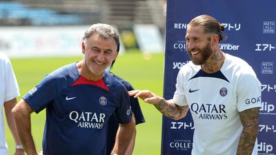 Sergio Ramos talks with PSG head coach Christophe Galtier during the PSG kids soccer clinic in Tokyo, Japan. EPA