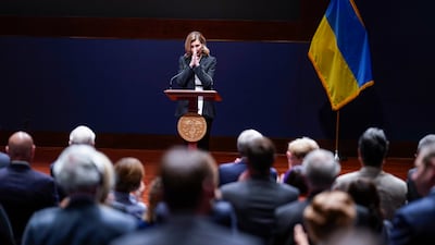 First lady of Ukraine Olena Zelenska gives an address to members of the United States Congress, on Capitol Hill in Washington. EPA