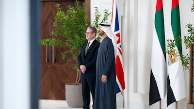 President Sheikh Mohamed and Keir Starmer at Al Shati Palace. UAE Presidential Court