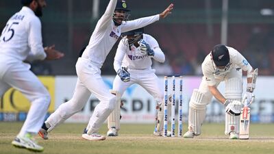 New Zealand captain Kane Williamson is trapped lbw for 24 by India's Ravindra Jadeja on the fifth and final day of the first Test at Green Park Stadium in Kanpur on Monday, November 29, 2021. AFP