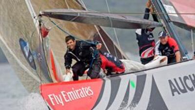 Bowman Jeremy Lomas, left, and Grant Dalton at work on the Emirates Team New Zealand race boat competing against Italy's Mascalzone Latino Audi Team during race 2 the final of the Louis Vuitton Trophy.