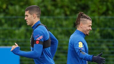 England's Conor Coady and Kalvin Phillips during training for the World Cup qualifier. Reuters