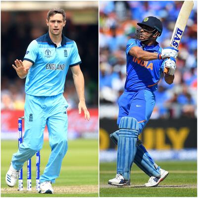 England bowler Chris Woakes and India batsman MS Dhoni. Getty Images