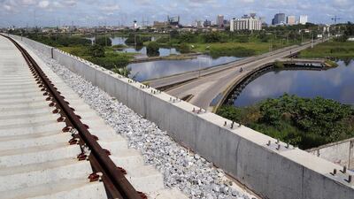 Train tracks at the National Arts Theatre stop of the Blue Line, which will run 27.5km from Marina to Okokomaiko with 13 stations. End-to-end journey time in the first of seven lines of the Lagos light rail system is approximately 35 minutes. Joe Penney / Reuters