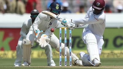 West Indies cricketer Shimron Hetmyer bats during the first day of the second cricket test match between India and West Indies in Hyderabad, India. All photo by Mahesh Kumar A. for AP Photo