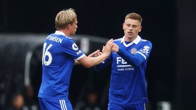 Leicester's Harvey Barnes celebrates scoring their first goal. Reuters