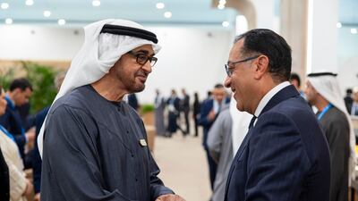 Sheikh Mohamed greets Mostafa Madbouly, Prime Minister of Egypt