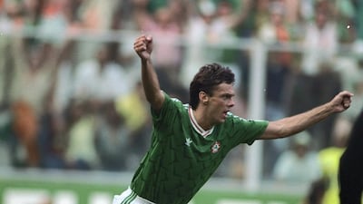 David O'Leary celebrates scoring the winning penalty in Republic of Ireland's shoot-out victory over Romania at Italia 90. Allsport UK