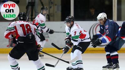 Juma Al Dhaheri, No 7 in white, of the UAE in action during their 6-1 win over Thailand in the IIHF Challenge Cup of Asia at Abu Dhabi Ice Rink, Zayed Sports City, last Saturday. They followed up that win with a 5-1 triumph over Mongolia last night to set up a potential decider against Chinese Taipei in the final round on Friday. Meanwhile, Chinese Taipei, the reigning champions, hammered Singapore 14-2 in the early game. Tonight, they meet Mongolia while Thailand face Singapore. Pawan Singh / The National