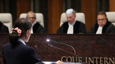Myanmar's leader Aung San Suu Kyi speaks in front of the judges on the second day of hearings in a case filed by Gambia against Myanmar alleging genocide against the minority Muslim Rohingya population, at the International Court of Justice (ICJ) in The Hague, Netherlands December 11, 2019. REUTERS/Yves Herman