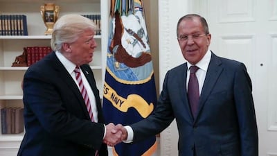 US president Donald Trump shakes hands with Russian foreign minister Sergey Lavrov in the Oval Office of the White House on May 10, 2017. Russian Foreign Ministry via AP