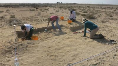 NYUAD students take part in excavations on Saadiyat in 2015. At one of the sites, almost 3,000 pottery sherds were found. Courtesy Dr Robert Parthesius (NYUAD)