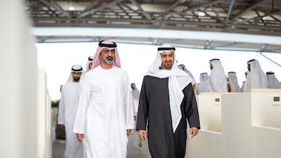 President Sheikh Mohamed with Sheikh Ammar bin Humaid Al Nuaimi, Crown Prince of Ajman, during a Sea Palace gathering. Hamad Al Kaabi / UAE Presidential Court