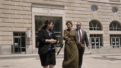 Olena Zelenska, wife of Ukraine's President Volodymyr Zelenskyy speaks with Ukrainian Ambassador to the US Oksana Markarova, after attending a meeting at the US Agency for International Development building in Washington. Reuters