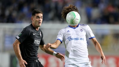 Anorthosis' Amr Warda, right, next to Sasa Zdjelar of Partizan Belgrade during the Europa Conference League match as the GSP Stadium in Strovolos, Cyprus, on Thursday, September 16. Reuters