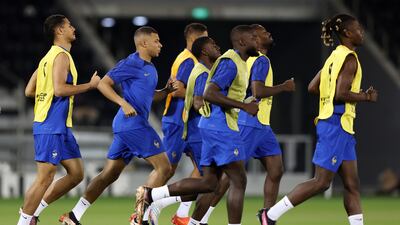 Kylian Mbappe of France trains with teammates. Getty