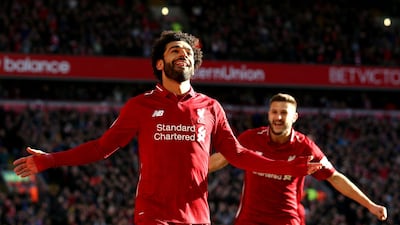 Mohamed Salah of Liverpool celebrates after scoring against Cardiff City at Anfield on October 27, 2018. Getty Images