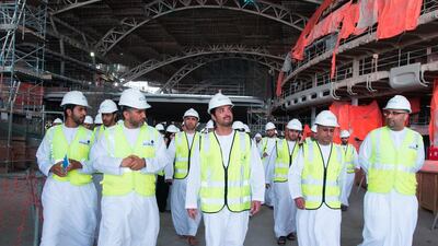 Sheikh Hazza bin Zayed, Deputy Chairman of the Abu Dhabi Executive Council, reviews the 28-metre arch that stretches up to 180 metres at the entrance, during his tour of the Midfield Terminal Building at Abu Dhabi International Airport on Sunday. Wam