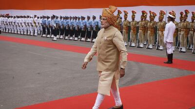 The economic dimension of India’s Gulf policy has become more pronounced in recent years. Above, Mr Modi arrives at the Red Fort to address the nation on occasion of Independence Day in New Delhi, yesterday. Saurabh Das / AP Photo