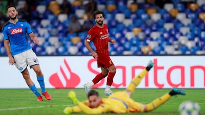 Liverpool's Mohamed Salah misses a chance to score. Reuters