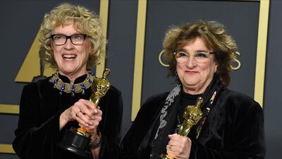 Nancy Haigh, left, and Barbara Ling, winners of the award for best production design for "Once Upon a Time in Hollywood". AP