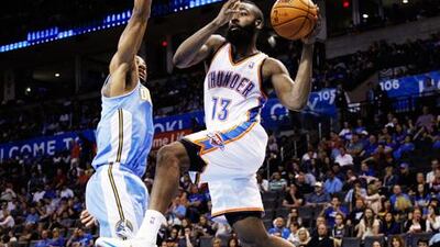 James Harden in action for the Oklahoma City Thunder during a pre-season match against Denver