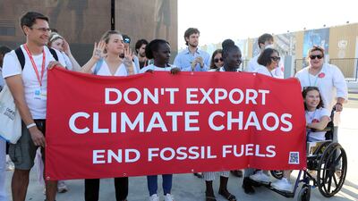 Holding a red banner, activists protest at Cop27. EPA