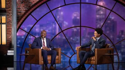 US Senator the Rev Raphael Warnock with Trevor Noah on the set of 'The Daily Show' in Atlanta, Georgia. Comedy Central
