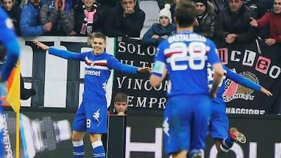Sampdoria's Mauro Icardi of Argentina (L) celebrates after scoring a goal during the Italian serie A football match between Juventus and Sampdoria, at the "Juventus Stadium" in Turin, on January 6, 2013. AFP PHOTO / FABIO MUZZI *** Local Caption *** 204652-01-08.jpg