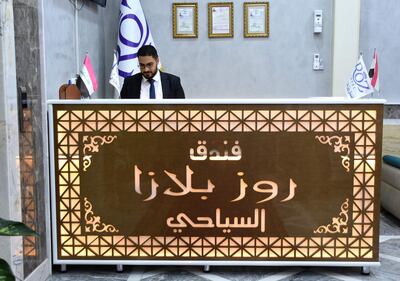 The front desk of the Rose Plaza Hotel is pictured in Ramadi. AFP Photo