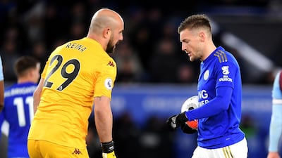Jamie Vardy of Leicester City is spoken too by goalkeeper Pepe Reina. Getty