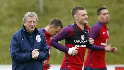 Jamie Vardy shown at England training on Tuesday with manager Roy Hodgson. Carl Recine / Action Images / Reuters / March 22, 2016