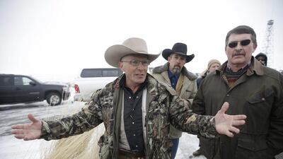 In this January 9 file photo, LaVoy Finicum, a rancher from Arizona, speaks to the media after members of an armed group arrive at the at the Malheur National Wildlife Refuge near Burns, Oregon. The Oregonian reported that Finicum was killed following a shootout between police and members of the armed group. Rick Bowmer / AP