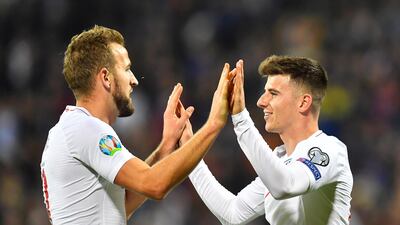 England's Mason Mount celebrates with Harry Kane. EPA