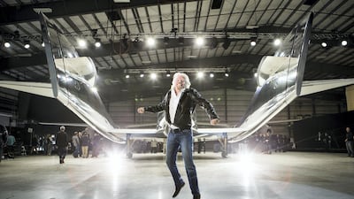 Richard Branson jumps for joy at the rear of VSS Unity. Branson founded Virgin Galactic in 2004, with the hope of reaching space. Virgin Galactic