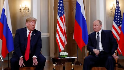 U.S. President Donald Trump and Russia's President Vladimir Putin talk in Helsinki. Reuters