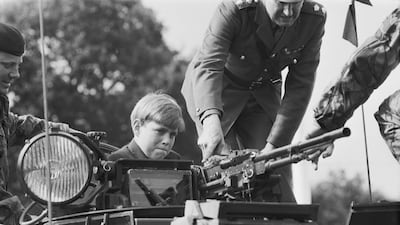 Prince Andrew attends a Battle Royal review of the troops of the Household Division, in Aldershot, 1971